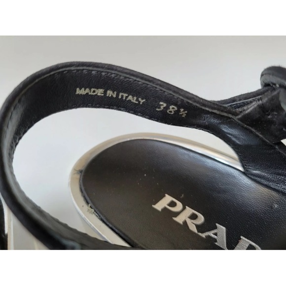 PRADA black suede 38.5 8.5 logo round buckle open-toe silver wedge sandals shoes - Picture 6 of 7